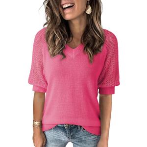 Dokotoo Women's Casual Short Sleeve Loose Crochet Tunic Tops Lightweight Knit Pullover Sweater Blouses (Pink, S)