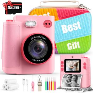 Gift for Girls Kids Camera: Instant Print Dual Lens Digital Camera Toys for Girl 3-12 Birthday Christmas Valentines Gifts for Kid Girls Boys Ages 3 4 5 6 7 8 9 10 with 32G SD Card Storage Bag Pink