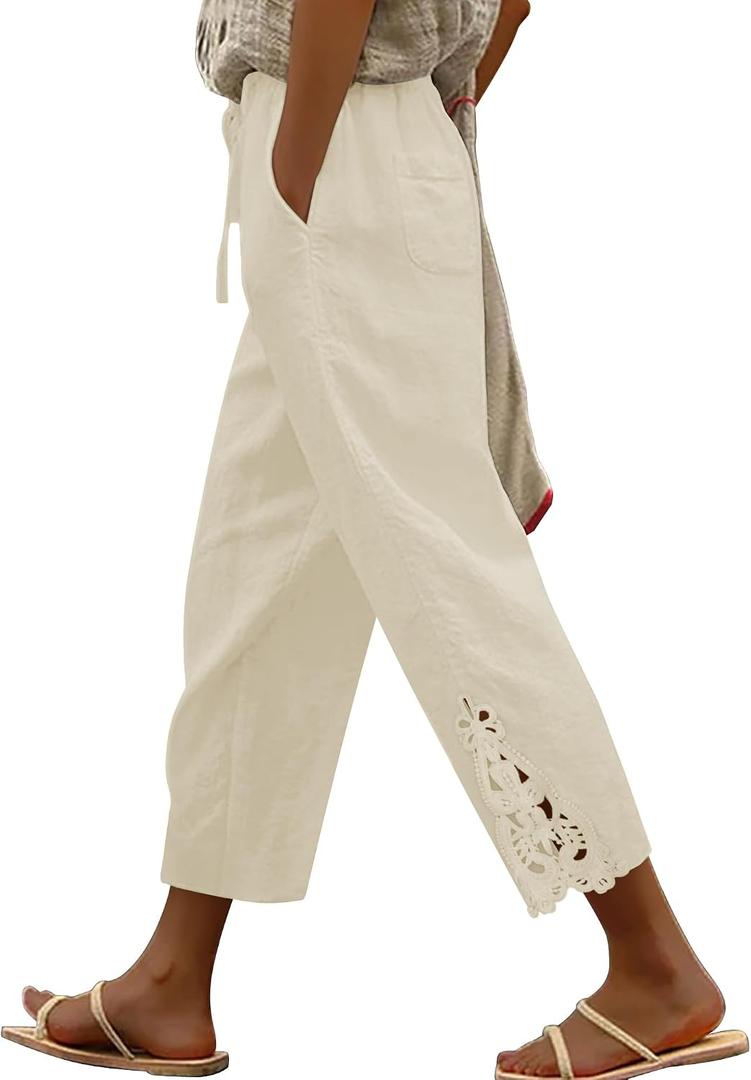 Angerella Womens Cotton Linen Pants Casual Lightweight Drawstring Elastic Waist Trousers Summer Lounge Pants with Pockets (Beige, XL)
