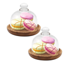 2 Pack Glass Domes with Wooden Base - 3.4 Inch Mini Cake Stand Cover for Dessert, Cheese, Candy, Plants & Succulents