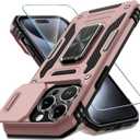 DEERLAMN Case for iPhone 15 Pro with Slide Camera Cover+Screen Protector(1 Pack), Rotated Ring Kickstand Military Grade Shockproof Protective Cover 6.1 Inch-Rose Gold