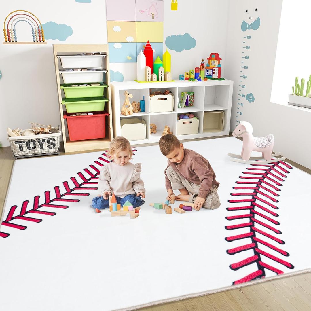 Soft Baseball Rugs for Bedroom, Machine Washable, Cute Bedside Boys Area Rug for Kids Toddlers Teens, Baseballs Lovers Home Decor Indoor Carpet for Living Room, Dorms, Nursery 5x7 Ft
