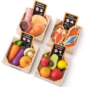 Tiny Land Wooden Play Food Sets for Kids Kitchen - 100% Wood 43 Pieces Kids Toy Food for Toddlers 3+ Year Old, Pretend Food Play Kitchen Accessories Set for Boys and Girls