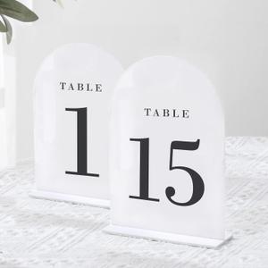 UNIQOOO White Arch Wedding Table Numbers with Stands 1-15, 5x7" Acrylic Signs and Holders, Perfect for Centerpiece, Reception, Decoration, Party, Anniversary, Event (Classic White (Black Font))