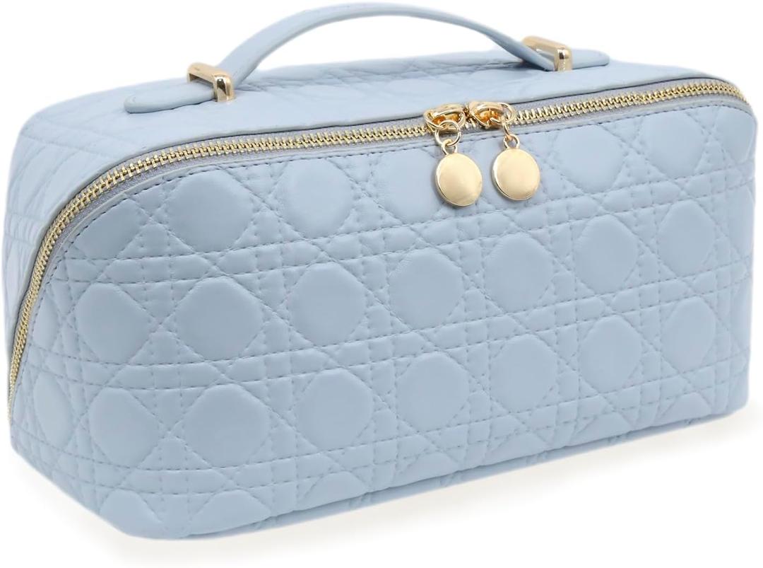 Travel Makeup Bag  Large Cosmetic Organizer with Waterproof PU Leather, Smooth Double Zipper & Tear-Resistant Lining, Toiletry Pouch for Women (Ice)
