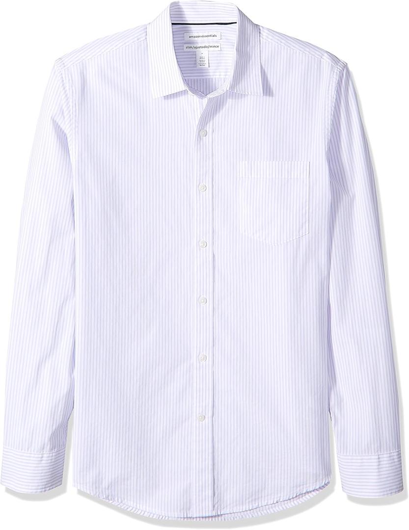 Amazon Essentials Men's Slim-Fit Long-Sleeve Poplin Shirt (Lavender White Vertical Stripe), S