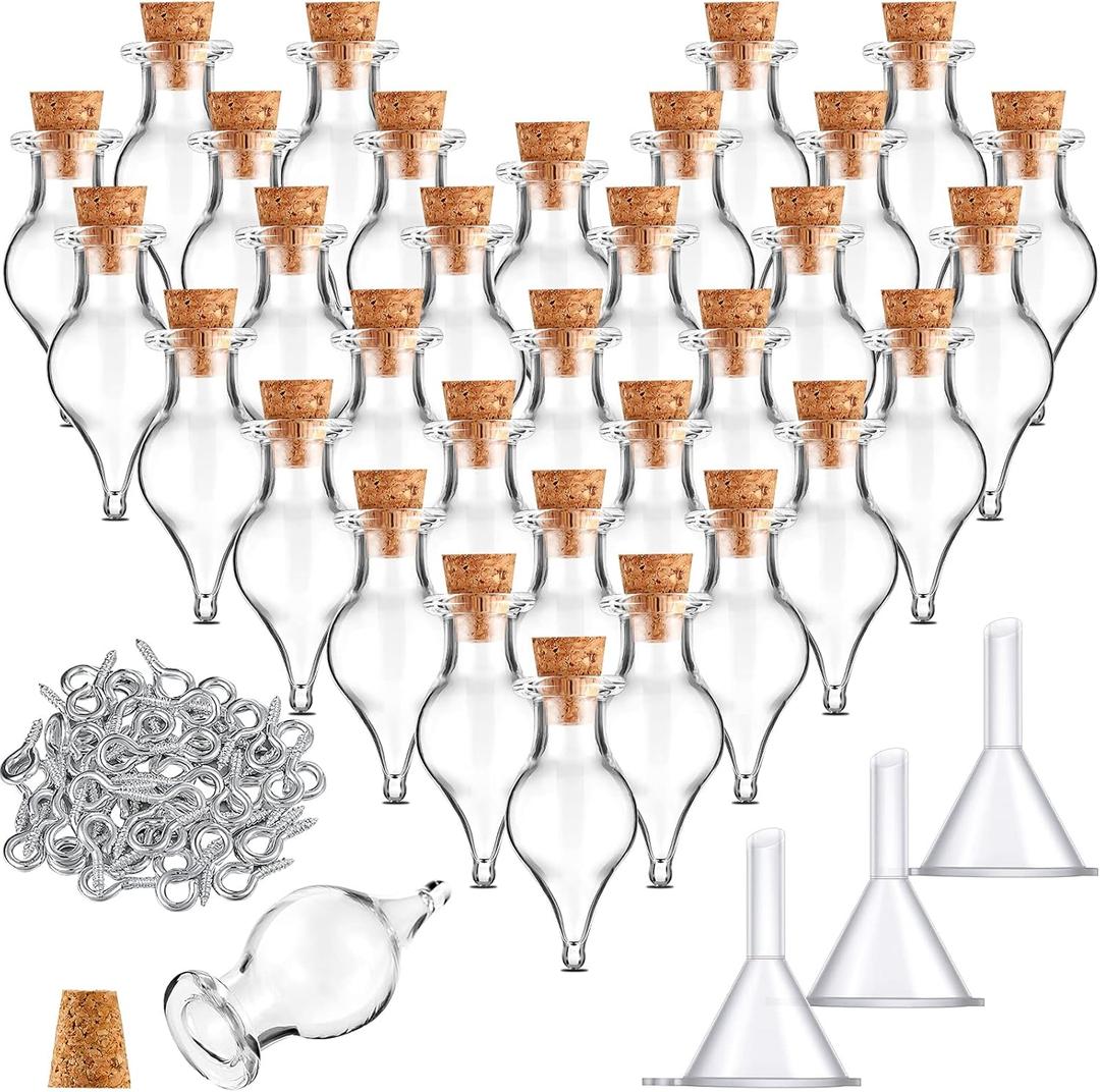 Geiserailie Mini Glass Bottles Potion Teardrop Shaped Glass Bottles Jars with Cork Stoppers with Eye Screws and Small Funnels for Christmas Birthday Party Favors DIY Art Crafts (93 Pieces)