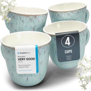 Stoneware Coffee Mug Set of 4, Stylish Modern Beige-Blue Cups, 14.5 Oz Ceramic, Dishwasher and Microwave Safe, Solid Mediteran Set