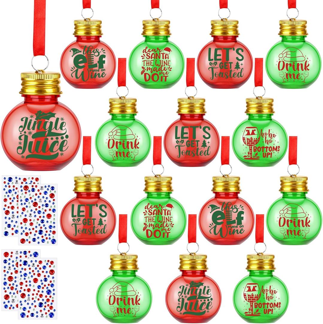 Aodaer 48 Pack Christmas Booze Balls Fillable Christmas Drink Balls with Sticker Clear Round Christmas Tree Ornaments Ball Water Bottle Bulbs Juice Bottle for Xmas Holiday Party DIY Crafts, Red, Green