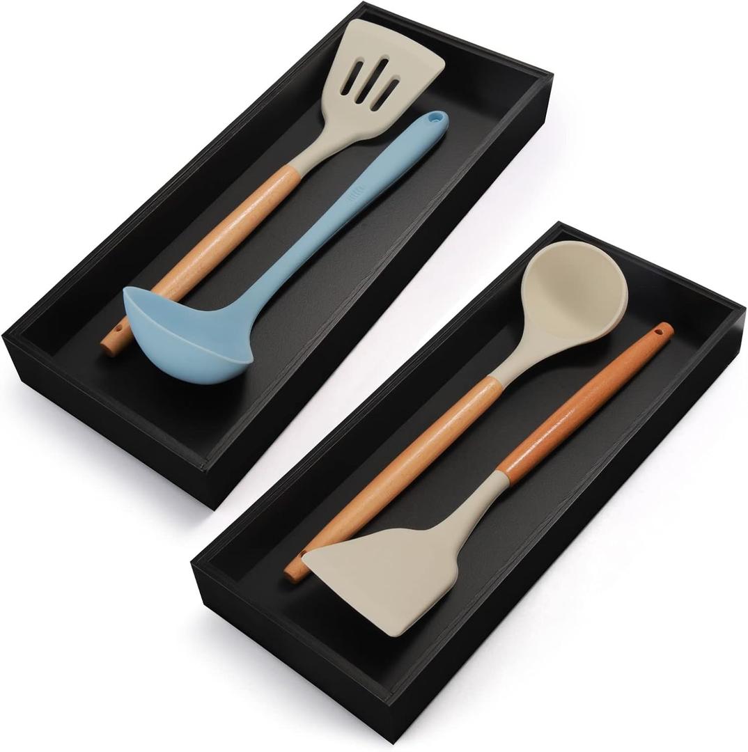 Bamboo Kitchen Drawer Organizer - Set of 2, Stackable Utensil Organizers, Wooden Storage Box Tray for Cabinet, Pantry, Bathroom Countertop, Multi-use Organization and Storage (Black) (15 x 6 x 2 Inch)