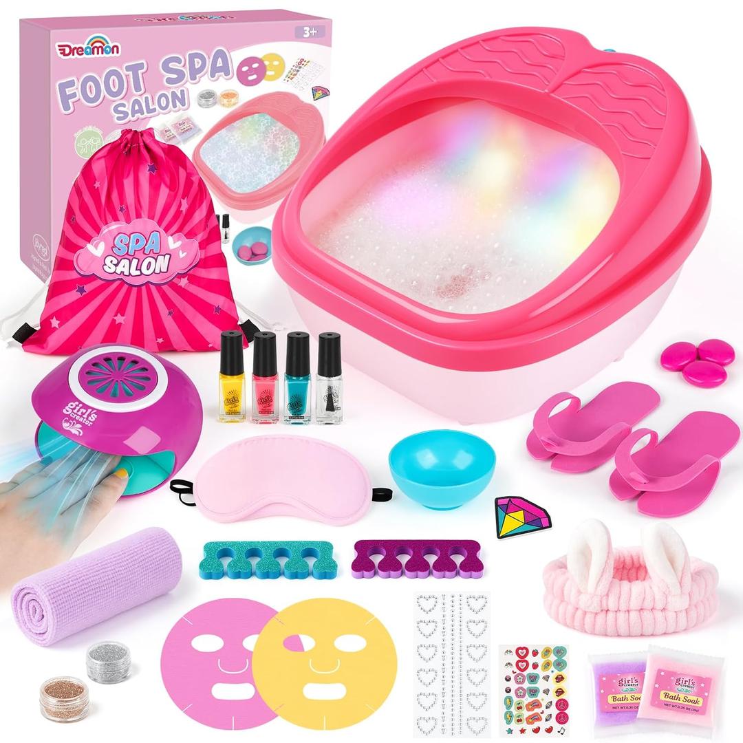 Dreamon Kids Foot Spa & Nail Kit Set - 25 Pcs Kids Spa Day Kit with Middle Size Rainbow Light Massage Foot Soak Tub - Manicure Pedicure Art Salon Girl Stuff - Christmas Birthday Gift for 3-12 Year Old