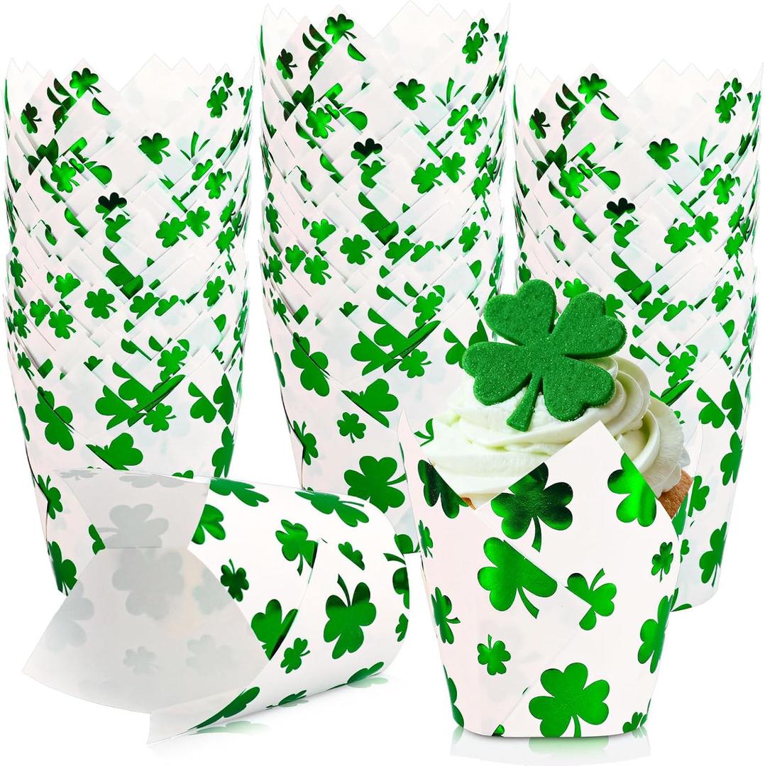 Whaline 120Pcs St. Patrick's Day Tulip Cupcake Liners Green Foil Shamrock Muffin Baking Cups Lucky Clover Cupcake Wrappers for Spring Irish Holiday Party Supplies Table Decor
