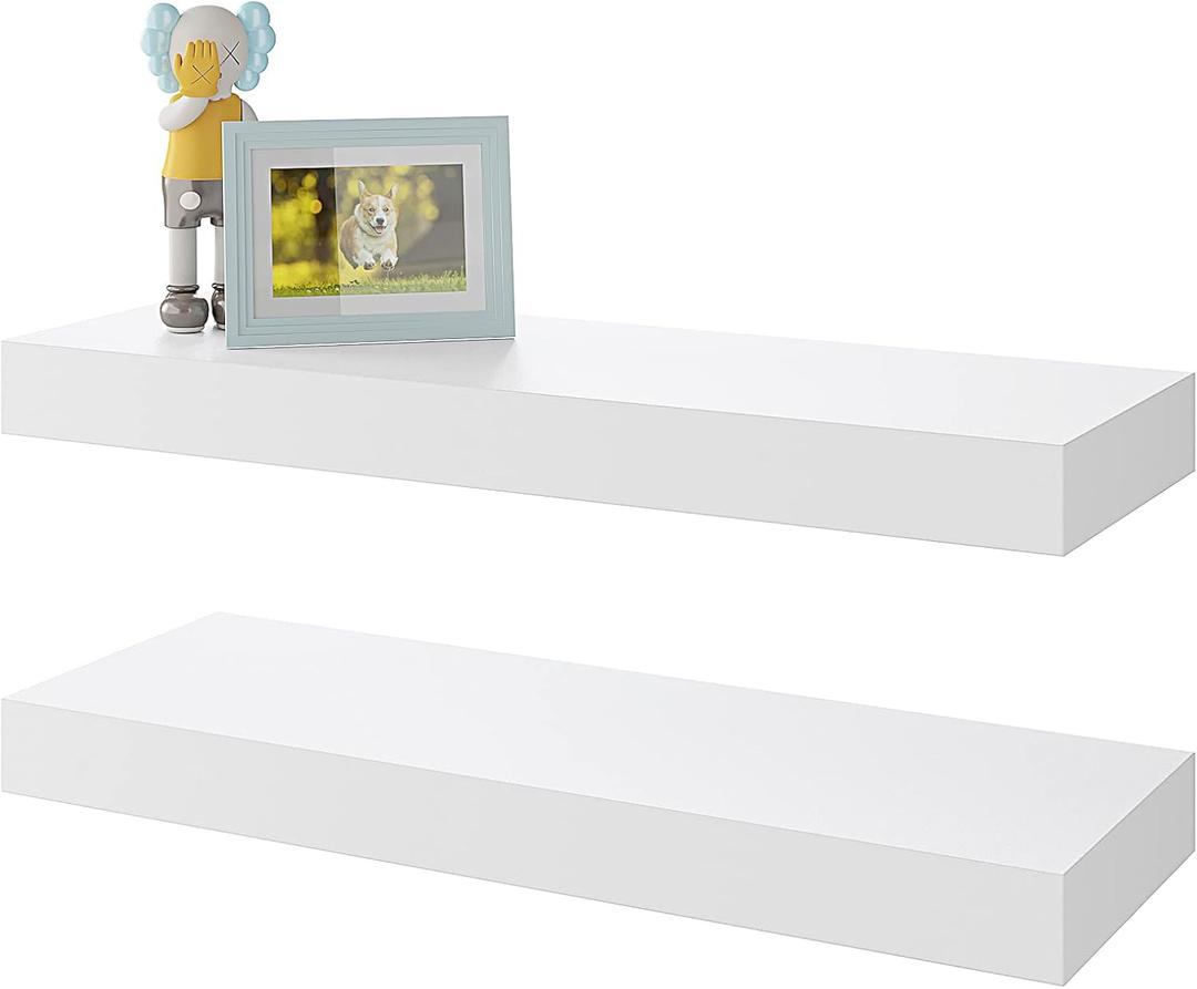 BAMEOS Floating Shelves, White Wall Mounted Wooden Shelves with Invisible Brackets Set of 2, Hanging Wall Shelves Decoration for Bedroom, Bathroom, Living Room and Kitchen (16x6)