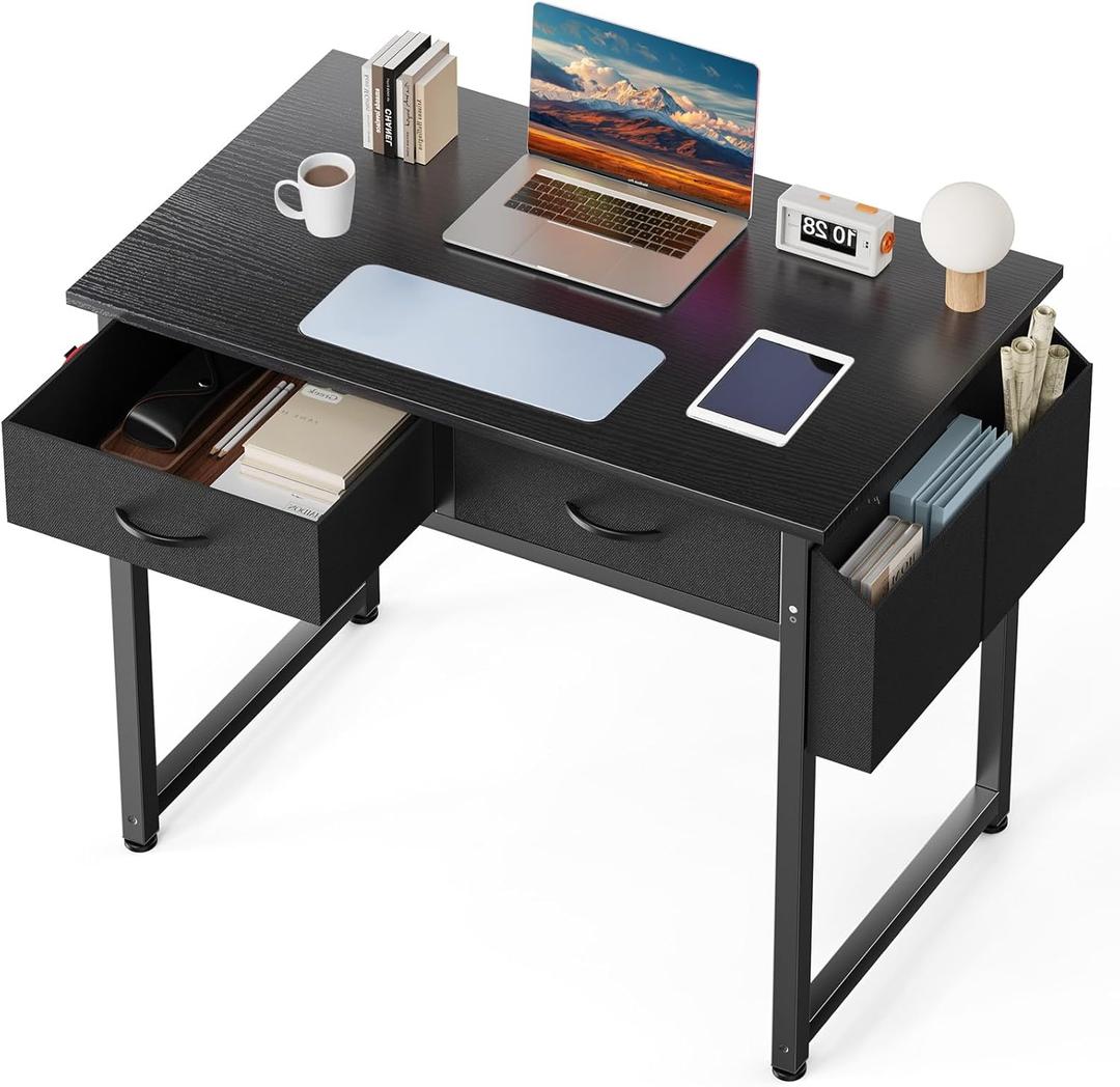 DUMOS 32" Home Office Computer Desk with Drawers, Small Gaming Writing Study Table with Storage Side Bag, Headphone Hook and Adjustable Feet for Bedroom Black