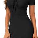 Rooscier Women's Ruched Lace Up Ruffle A Line Deep V Neck Short Sleeve Sexy Mini Dress (Black, S)