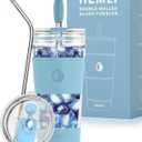 19 oz. Double Wall Glass Coffee Tumbler, To Go Travel Mug with Lid, Portable Glass Thermos with Straw, Reusable Cup, Tea, Smoothies, Ice Coffee, and Boba (Light Blue)