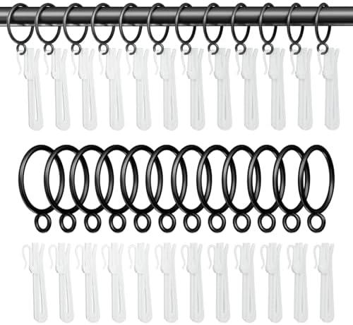 GASRONS 1.25 Inch Curtain Rings with Hooks, 24 Pack Black Metal Drapery Rings with Pins Fits Up to 1 Inch Curtain Rods