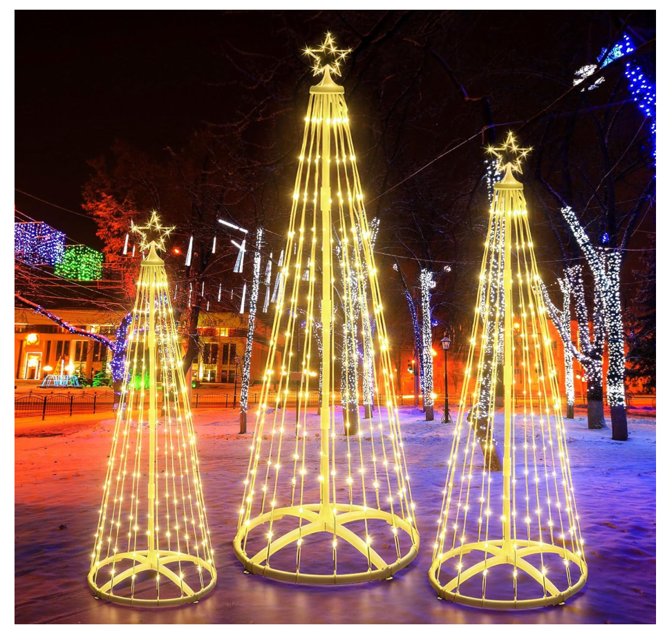 3 Pack 4/5/6 Ft Christmas Lighted Cone Tree LED Lights Changing Artificial Tree 8 Modes with Timer Dimmable for Indoor Outdoor Xmas Decor with Star Toppers for Yard Porch Backyard Patio
