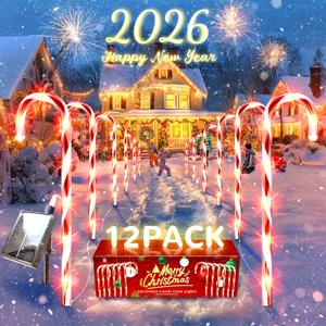 Anordsem Solar Christmas Decorations Outdoor: 12 Pack Candy Cane Pathway Stake Lights - 21" Waterproof LED 8 Lighting Models Yard Garden DIY Decor - 2026 Xmas Gifts for Homeowners (Red)