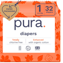 Pura Hypoallergenic Diapers, Size 1 (4-11 lbs), Newborn, Totally Chlorine Free, Wetness Indicator, Suitable for Sensitive Skin, Soft Organic Cotton Comfort, Overnight, 1 Pack of 32 Baby Diapers 