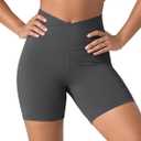 ODODOS Women's Crossover Yoga Shorts with Back Pocket, 6" Buttery Soft V High Waist Lounge Biker Shorts, Charcoal, X-Small 