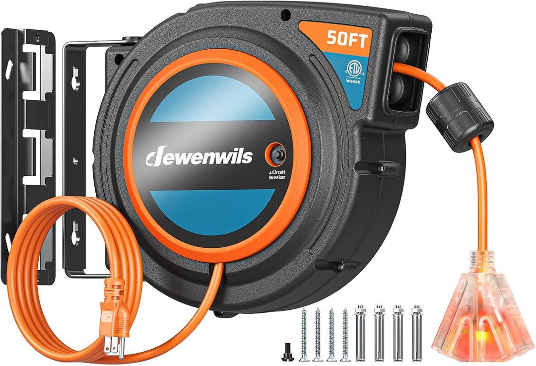 DEWENWILS Extension Cord Reel with Twist-lock Stopper, Power Retractable Cord Reel, Lightweight and Portable, Brighter Triple Tap Outlet, for Home Maintenance, Garages, Workshops, Orange