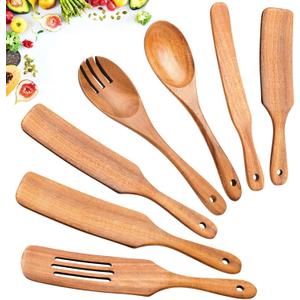 Spurtles Kitchen Tools Wooden, 7Pcs Wooden Spoons for Cooking, Natural Premium Spatula Set, Heat Resistant Cooking Utensil for Nonstick Cookware, Spurtle for Sourdough Starter