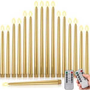 16 Pcs Battery Operated Taper Candles with Remote Timer Christmas Candles Bulk Decor 8.5" 9.6" 10.8" 12.8" LED Multiple Sizes Flameless Flickering Candlestick for Christmas Wedding (Gold)