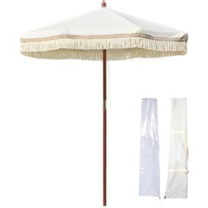 7ft Patio Beige Umbrella with Tassels UPF50+ Boho Style 5-Year-Non-Fading for Outdoor,Model:BH7W-01P (7FT, BOHO-Ivony Xchevron)