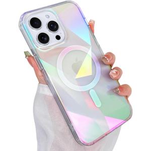 Cute Case for iPhone 14 Pro Max Case for Women Girls [ Compatible with Magsafe ] Clear Glitter Girly Aesthetic Rainbow Sparkly Bling Magnetic Phone Cover, Iridescent Geometry