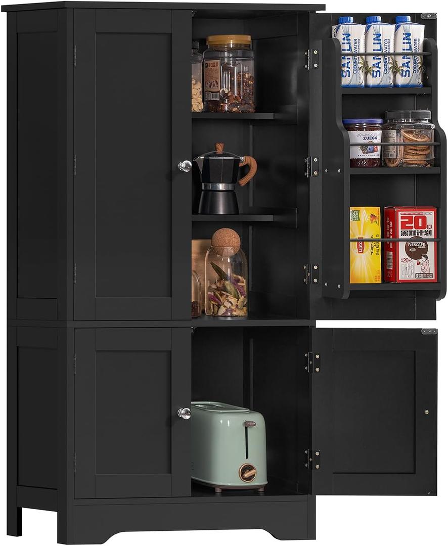 TEENFON Storage Cabinet with 4 Doors, Kitchen Cabinet with 6 Door Shelves, Kitchen Pantry for Living Room, Dining Room, Bathroom, Black, 11.8"D x 23.6"W x 43.3"H