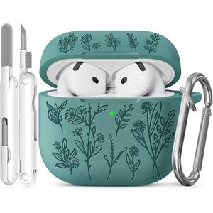 for Airpods 4 Case, Ekoonpft Flower Engraved Cases for Apple AirPods 4th Generation 2024, Soft Silicone Cover for Women Girly with 3-in-1 Cleaning Kit & Keychain, Anti-Scratch, Shockproof (A A-Pine Green)