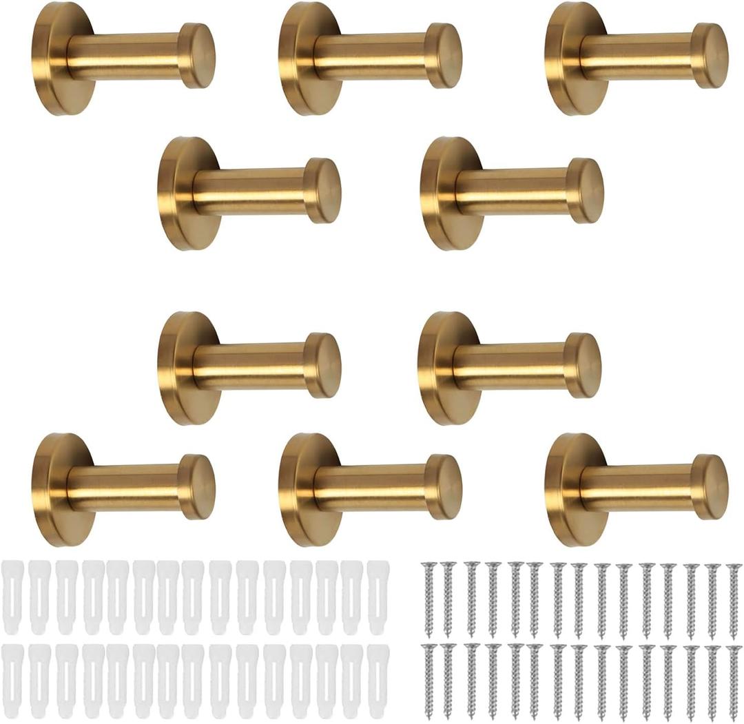 Bathroom Towel Hooks, 10 Pack Round Coat Hooks, Sturdy Wall Mounted Robe Hook, SUS 304 Stainless Steel Heavy Duty Clothes Hanger, Wall Towel Hooks for Bathroom Bedroom Kitchen(2 in, Gold)