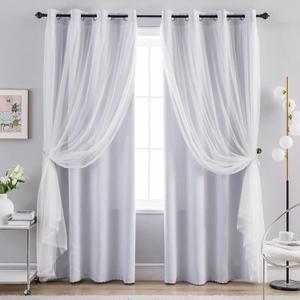 Anytime Home Curtains Blackout and Sheer Layered Solid Window Curtain Panel Pair with Grommet Top, 52Wx84L,Greyish White