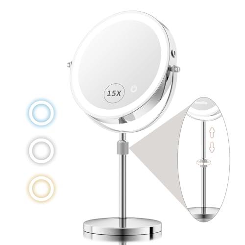 15X/1X Lighted Makeup Mirror with Magnification, 8” Rechargeable Magnifying Mirror with Lights, Adjustable Brightness Light Up Table Mirror with Adjustable Height, 360° Rotation Vanity Makeup Mirror