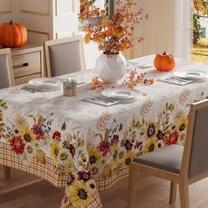 XCHI Fall Wlid Flowers Maple Leaves Plaid Tablecloth Rectangle Washable Table Covers for Home Party Decorations 52x70 Inch