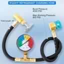 R1234YF Refrigerant Charge Hose Kit, R1234yf Refrigerant Gauge with R1234YF Self-Sealing Can Opener 1/2 LH, 90 Degree R1234YF Low Side Quick Coupler, 24'' AC Recharge Hose with Gauge