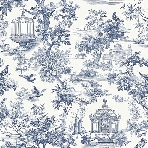 17.32"x196.85" Peel and Stick Wallpaper Vintage Floral and Birds Contact Paper Blue and White Wallpaper Modern Boho Removable Self Adhesive Wall paper Vinyl Rolls for Bathroom Bedroom Walls Decor
