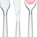 Prestee 300-Piece Plastic Cutlery Set - 100 Each of Clear Plastic Forks, Knives, Spoons - Heavy Duty Silverware for Parties - Disposable Utensils for Weddings and Buffets