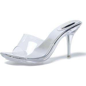 LIURUIJIA Clear Heels For Women Sexy Slip On Open Toe High Heeled Dressy Sandals Comfortable Strappy Mules (10.5, Silver)