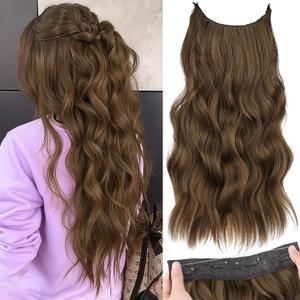 KooKaStyle Invisible Wire Hair Extensions with Transparent Wire Long Wavy Synthetic Hairpiece with 4 Secure Clips Adjustable Secret Headband for Women(20 Inch Chestnut Brown)