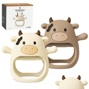 2 x 2 Pack Baby Teething Toy for Over 3 Months, Food Grade Silicone Teething Mitten, Anti Dropping Wrist Hand Teethers Baby Chew Toys for Sucking Needs, BPA Free (MooMoo Cow)