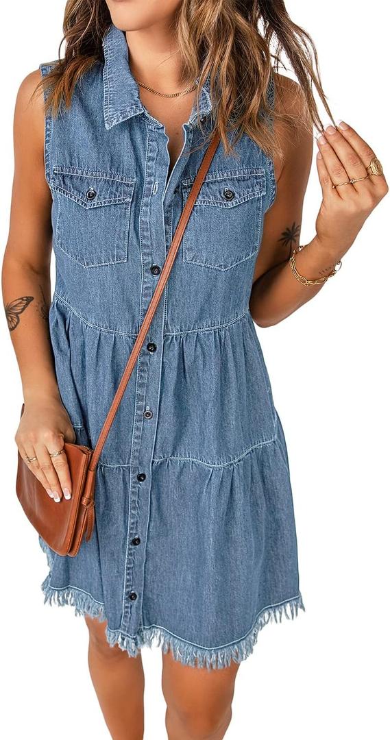 luvamia Women's Casual Summer Lapel Sleeveless Button Down Short Denim Jean Dress 2XL
