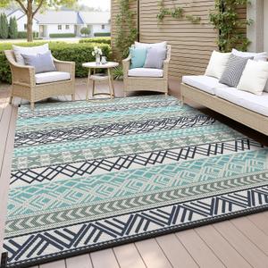 MontVoo Outdoor Rug Carpet Waterproof-Patio Rug Mat 5x8 Reversible RV Outdoor Camping Rugs Picnic Beach Mats Plastic Straw Outside Rugs for Balcony Porch Pool Deck Boho Patio Decor (Blue&grey)