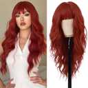 Red Wig With Bangs Long Red Culry Wavy Women's Wig Natural Looking Heat Resistant Bangs Wig for Daily Cosplay Halloween Party Use (Red,26 Inches)