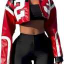 VOIKERDR Leather Jacket Cropped Jacket Motorcycle Jacket Y2K Letter Bomber Jacket Women Faux Leather Jacket Streetwear (Red, M)