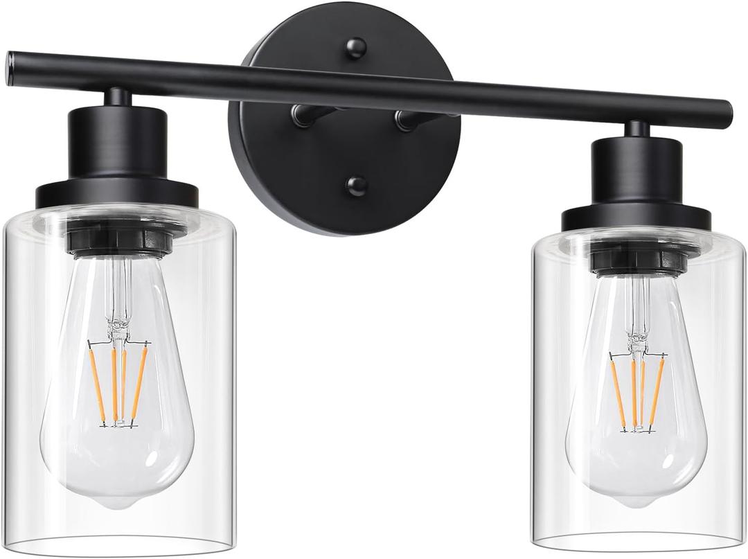 Unicozin 2 Light Vanity Lights, Black Wall Sconce Light with Clear Glass, Bathroom Light Fixtures, Wall Lights for Mirror, Living Room, Bedroom, Hallway, E26 Base (Bulbs Not Included)