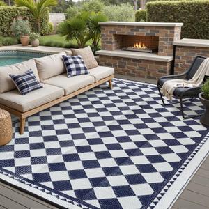 HUGEAR Outdoor Waterproof Rug 8'x10' Plastic Straw Rugs Washable Reversible Floor Mat Blue Plaid Carpet for Camping RV Deck Entryance Porch Picnic Balcony Beach Backyard