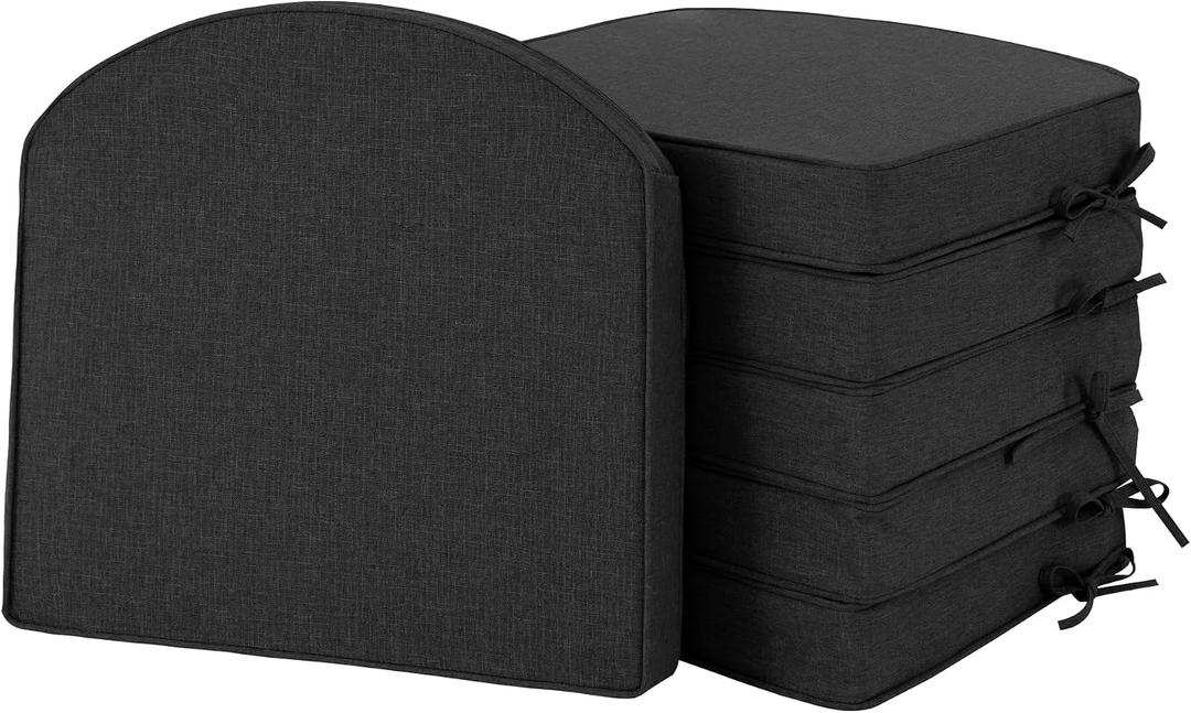 Outdoor Chair Cushions, Fade-Resistant & Water-Resistant, D Shaped Patio Furniture Seat Chair Pads Replacement with Ties, Non-Slip Bottom, Removable Cover, Set of 6, 18.5 x 16 Inch, Black