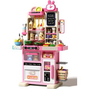 33.8IN Kids Kitchen Playset, 63 PCS Kid Play Kitchen with Realistic Lights & Sounds, Spray Sink Toy Kitchen Accessories, Pretend Food Toys Kitchen for Boys Girls Toddlers(Pink)